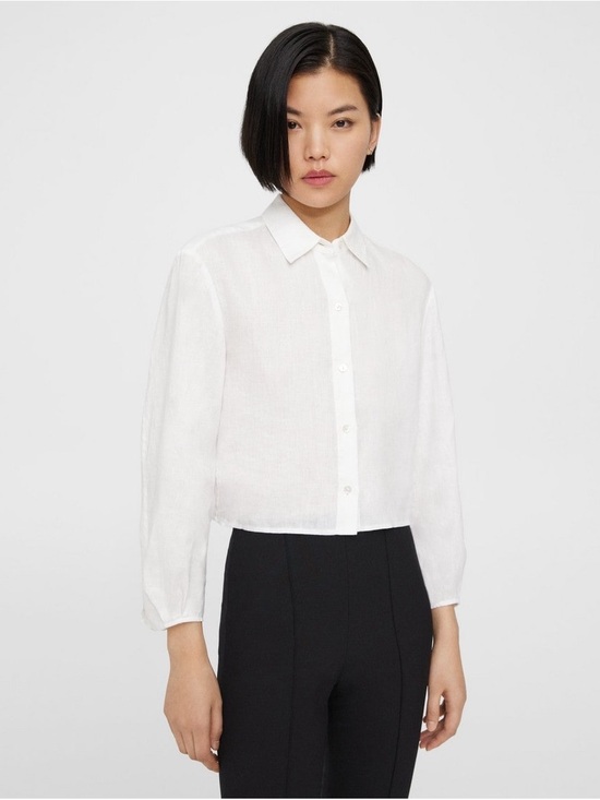 Theory Tops - Theory Cropped White Button-Down Shirt in Relaxed Linen Size Large